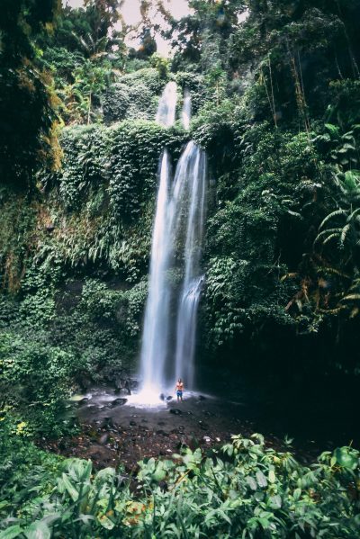 Experience the awe of a towering waterfall in the lush jungle of Indonesia's West Nusa Tenggara.